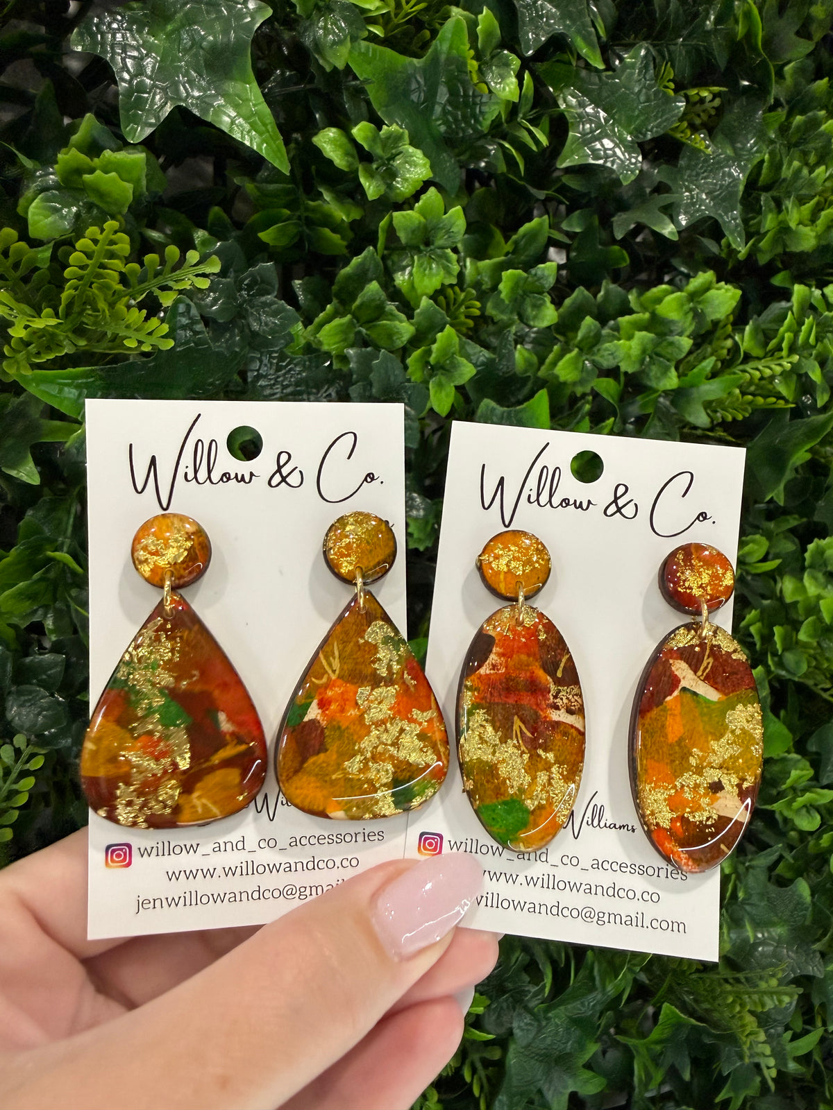 Hand painted Large Oval Dangle Golden Maple