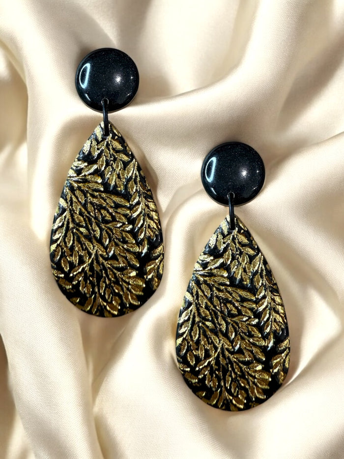 Large Luxe Botanica Black & Gold Clay Dangle