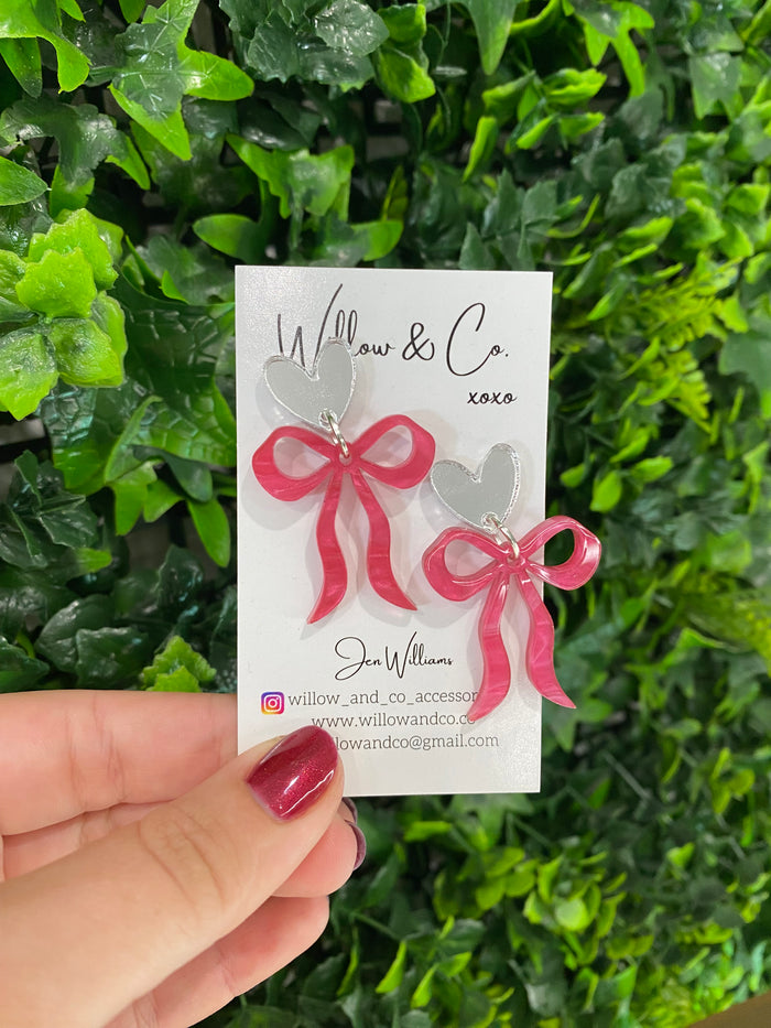Acrylic Valentine Bow Dangle Pink
