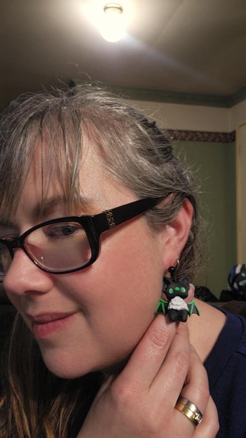 3D Bat Dangle Earrings Green