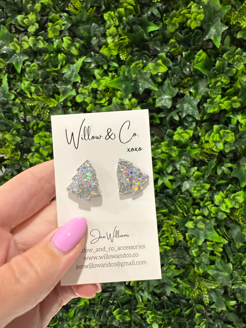 2cm Christmas Tree Studs Kaleidoscope Silver