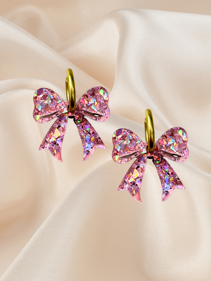 Bow Hoop Dangle Pink Glimmer