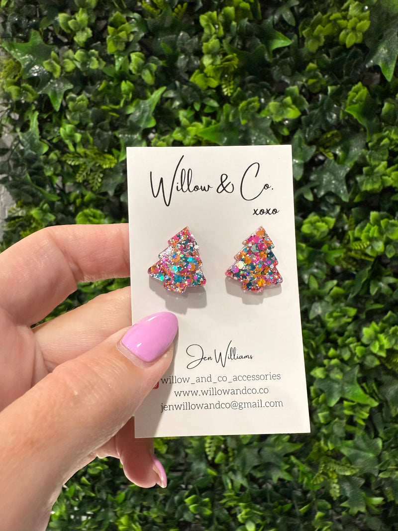 2cm Christmas Tree Studs Merry Bright