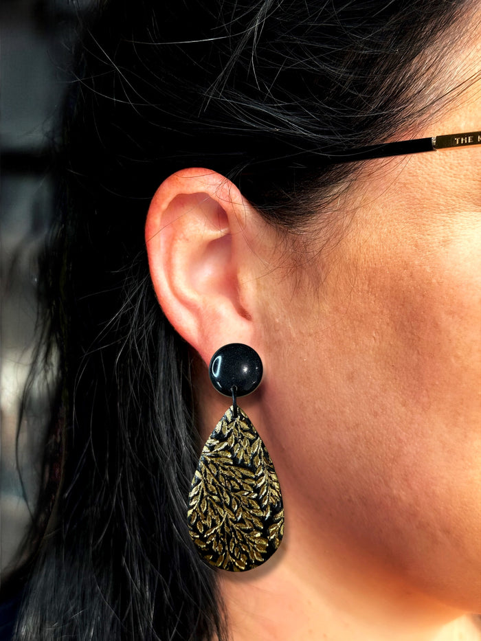 Large Luxe Botanica Black & Gold Clay Dangle