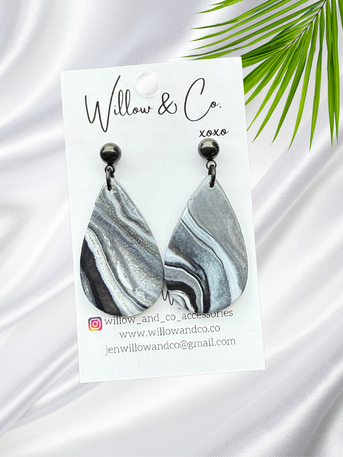 Large Clay Teardrop Dangle B&W