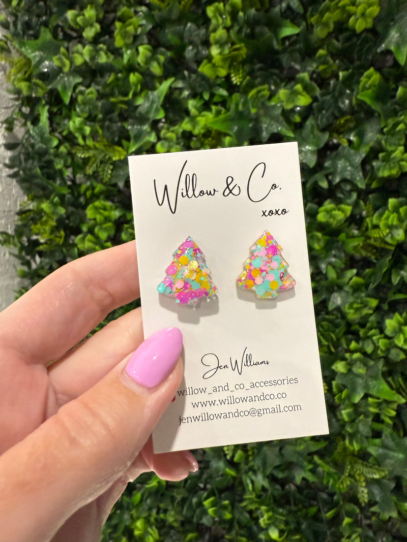 2cm Christmas Tree Studs Merry Pastel
