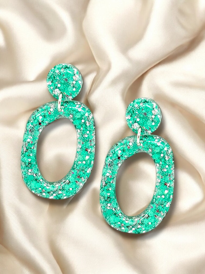 LARGE ORGANIC HOOP TEAL & SILVER