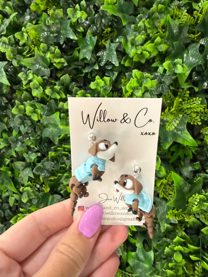 3D Dachshund Baby Blue Dangle Earrings