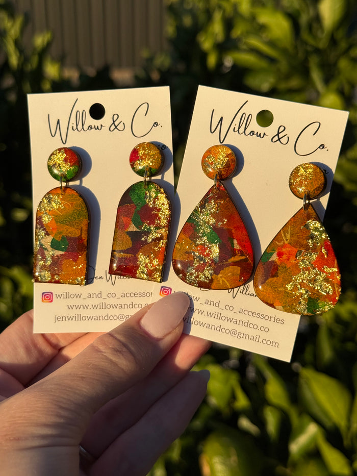 Hand painted Large Oval Dangle Golden Maple