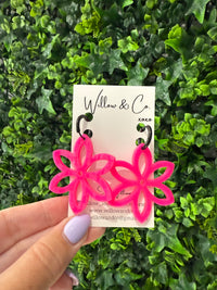 Large Flower Huggie Hoop Dangle Hot Pink