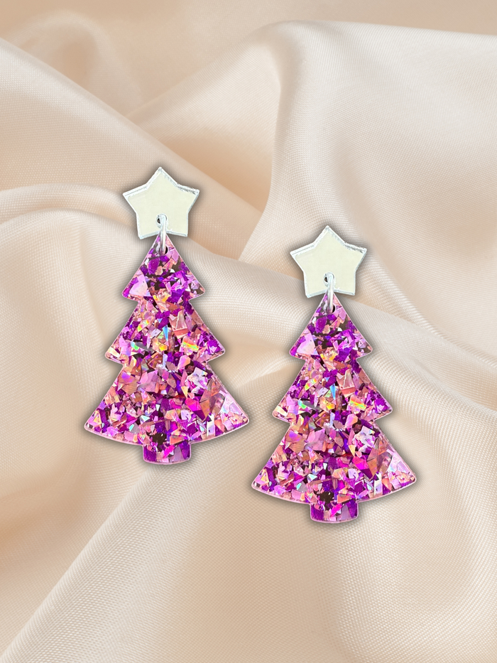Large Acrylic Christmas Tree Dangle Pink Sparkle
