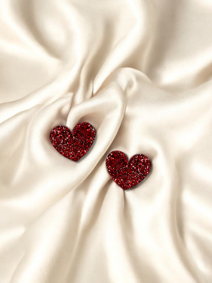 1.5cm Heart Studs Red Glitter