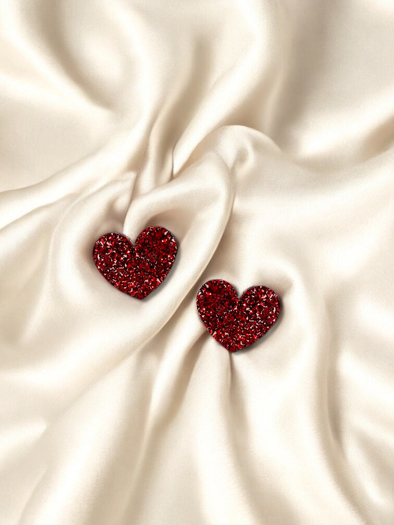 1.5cm Heart Studs Red Glitter