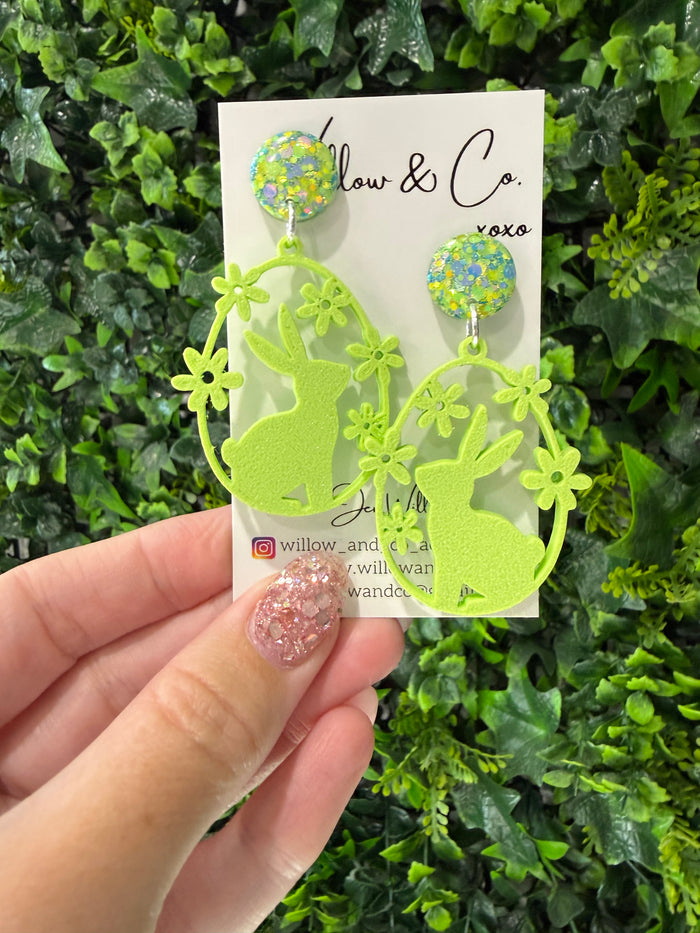 Flower Frame Bunny Dangle Earrings Apple Green
