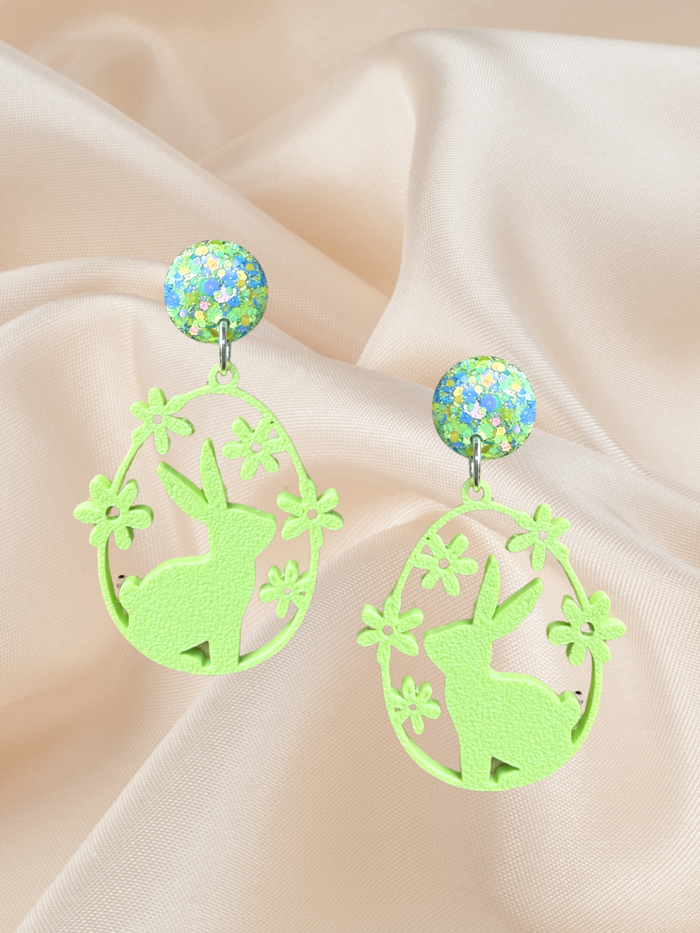 Flower Frame Bunny Dangle Earrings Apple Green